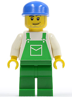 Overalls Green with Pocket, Green Legs, Blue Cap with Long Flat Bill, Smirk and Stubble Beard