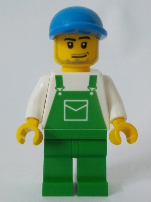 Overalls Green with Pocket, Green Legs, Blue Cap with Short Curved Bill, Smirk and Stubble Beard