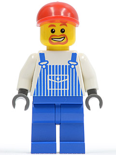 Overalls Striped Blue with Pocket, Blue Legs, Red Short Bill Cap, Beard around Mouth