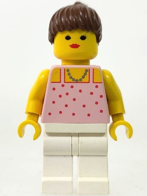 Woman, Pink Top with Spots, White Legs, Brown Hair - Closed Mouth