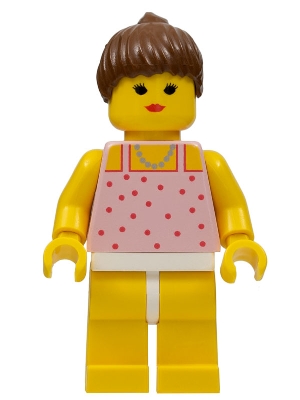 Woman, Pink Top with Spots, Yellow Legs, Brown Hair - Closed Mouth