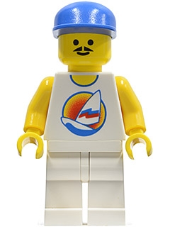 Man, White Tank Top with Windsurfer, White Legs, Blue Cap, Moustache