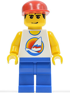 Man, White Tank Top with Windsurfer, Blue Legs, Red Cap