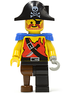 Pirate Shirt with Knife, Black Leg with Peg Leg, Black Pirate Hat with Skull, Blue Epaulettes