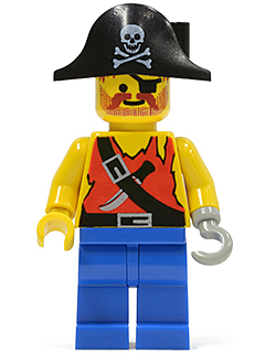 Pirate Shirt with Knife, Blue Legs, Black Pirate Hat with Skull