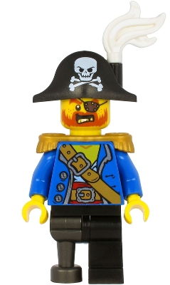 Pirate Captain - Bicorne Hat with Skull and White Plume, Pearl Gold Epaulettes, Blue Open Jacket, Black Leg and Pearl Dark Gray Peg Leg