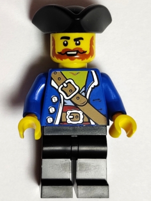 Pirate - Male, Black Tricorne, Dark Orange Beard and Moustache, Blue Open Jacket, Dark Tan Belt, Black Legs