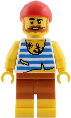 Pirate - Male, White Shirt with Tattered Hem and Blue Stripes, Dark Orange Shorts, Full Beard, Red Bandana