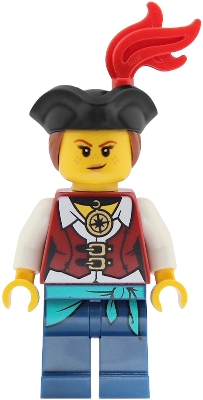 Pirate - Female, Dark Red Vest over White Shirt, Dark Blue Legs with Sash, Red Plume, Black Tricorne, Reddish Brown Hair