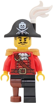 Pirate Captain - Male, Pearl Gold Epaulettes, Red Coat with White Ruffled Collar, Black Leg and Reddish Brown Peg Leg, White Plume, Black Bicorne with Skull and Cutlasses
