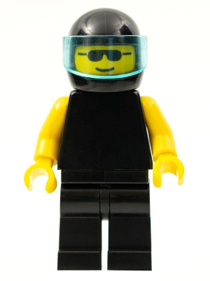 Plain Black Torso with Yellow Arms, Black Legs, Sunglasses, Black Helmet, Trans-Light Blue Visor