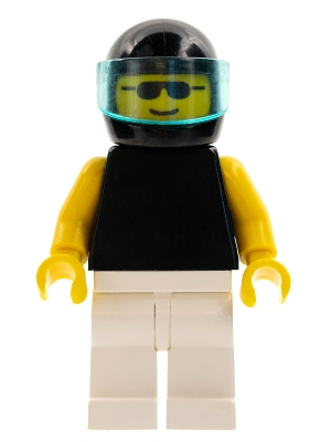 Plain Black Torso with Yellow Arms, White Legs, Sunglasses, Black Helmet, Trans-Light Blue Visor