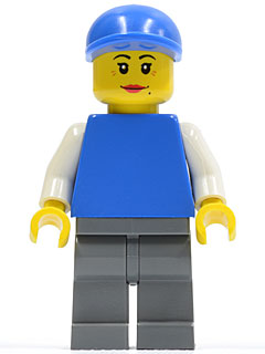 Plain Blue Torso with White Arms, Dark Bluish Gray Legs, Blue Short Bill Cap, Female Dual Sided Head