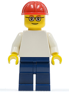 Plain White Torso with White Arms, Dark Blue Legs, Red Construction Helmet, Glasses