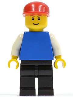 Plain Blue Torso with White Arms, Black Legs, Red Cap, Brown Eyebrows, Thin Grin