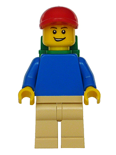Plain Blue Torso with Blue Arms, Tan Legs, Red Short Bill Cap, Backpack