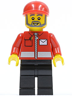 Postal Worker, Red Jacket with Zipper and Letter Logo, Black Legs, Red Cap, Beard