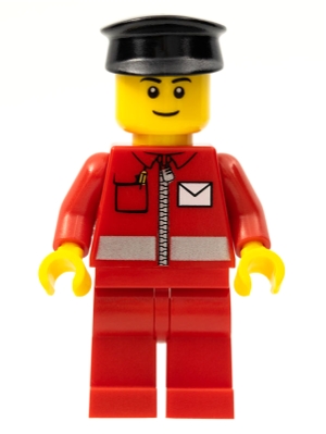 Postal Worker, Red Jacket with Zipper and Letter Logo, Red Legs, Black Cap, Black Eyebrows