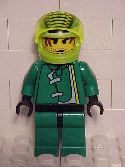 Racer Driver, Green Jacket and Lime Helmet with Black Stripes/White Checkered Lines