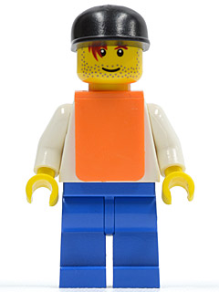 White Torso, Orange Vest, Blue Legs, Black Cap, Smile