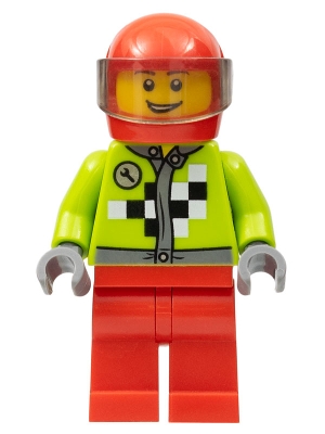 Lime Jacket with Wrench and Black and White Checkered Pattern, Red Legs, Red Helmet, Trans-Black Visor
