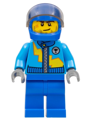 Dark Azure Race Jacket with Zipper and Yellow Lightning Bolt Pattern, Blue Helmet, Trans-Black Visor