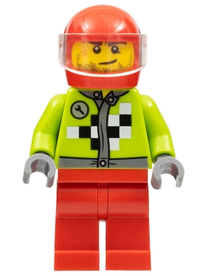 Lime Jacket with Wrench and Black and White Checkered Pattern, Red Legs, Red Helmet, Trans-Clear Visor