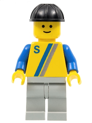 'S' - Yellow with Blue / Gray Stripe, Light Gray Legs, Black Construction Helmet