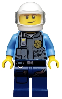 Policeman in Vest with Gold Badge, Radio, and Pockets. White Helmet with Trans-Clear Visor