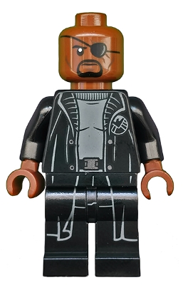Nick Fury in Long Black Coat Over Gray Sweater, Line on Hips