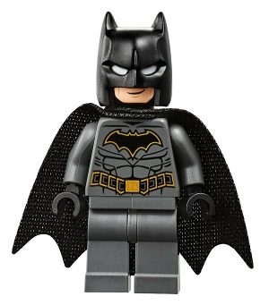 Batman, Dark Bluish Gray Suit, Black Cape and Cowl, Black Head, Dark Bluish Gray Legs, Gold Trim Batman Logo (19185 Cape)