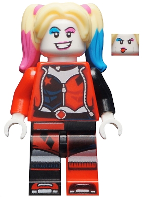 Harley Quinn in Black and Red Jester Outfit, Bright Light Yellow Hair with Magenta and Azure Highlights