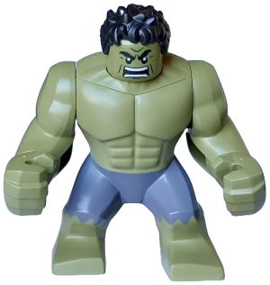 Hulk (Big Fig), Black Hair, Removable Head, Dark Bluish Grey Pants, Angry