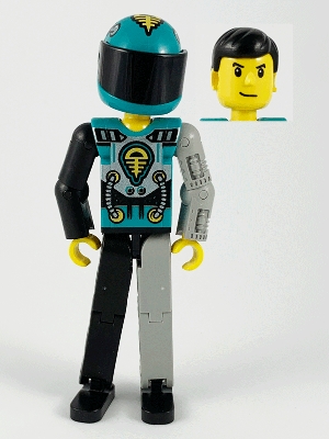 Technic Figure Black/Light Gray Legs, Dark Turquoise Torso with Yellow, Black, Silver Pattern, Light Gray Mechanical Left Arm, Printed Helmet