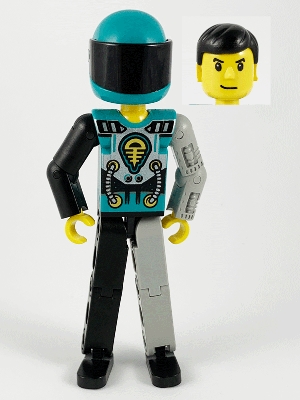 Technic Figure Black/Light Gray Legs, Dark Turquoise Torso with Yellow, Black, Silver Pattern, Light Gray Mechanical Left Arm, Dark Turquoise Helmet