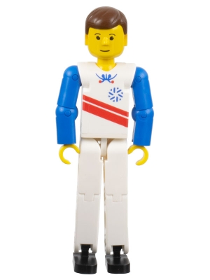 Technic Figure White Legs, White Top with Red Stripes Pattern, Blue Arms (Skier)