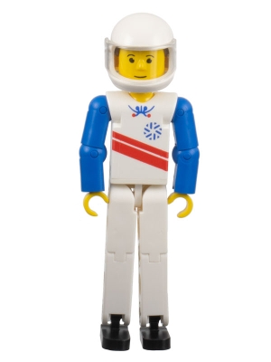 Technic Figure White Legs, White Top with Red Stripes Pattern, Blue Arms, White Helmet &#40;Skier&#41;