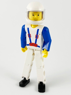 Technic Figure White Legs, White Top with Blue Suspenders Pattern, Blue Arms, White Helmet