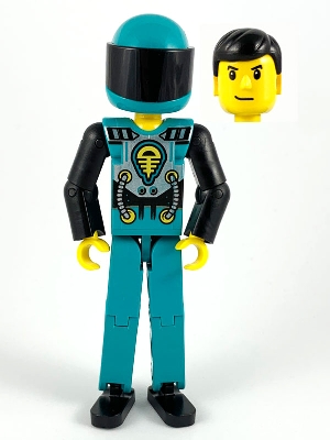 Technic Figure Dark Turquoise Legs, Dark Turquoise Torso with Yellow, Black, Silver Pattern, Black Arms, Dark Turquoise Helmet, Black Visor