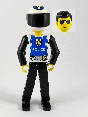 Technic Figure Black Legs, White Top with Police Logo, Black Arms, White Helmet, Black Visor