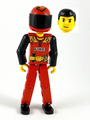 Technic Figure Red Legs, Red Top with Black 'FIRE', Black Arms &#40;Fireman&#41;, Red Helmet with Flame, Black Visor - Without Sticker