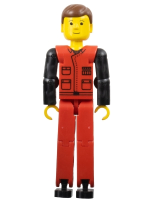 Technic Figure Red Legs, Red Top with Black Pattern, Black Arms, Brown Hair