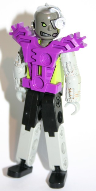 Technic Figure Cyber Person, Black Legs, Purple Armor, Mechanical Arms, Dark Gray Head, Cyborg Eyepiece