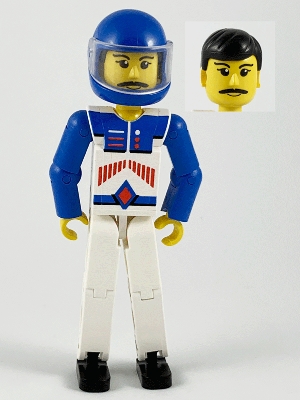 Technic Figure White Legs, White Top with Red Arrow-Type Stripes Pattern, Blue Arms, Blue Helmet