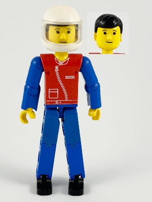 Technic Figure Blue Legs, Red Top with Zipper, Blue Arms, Black Hair, White Helmet