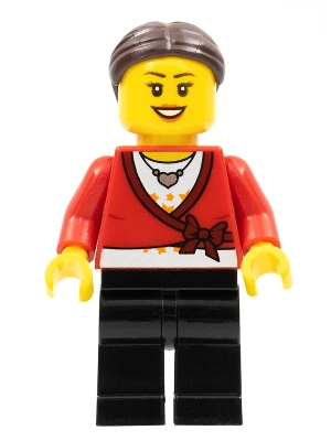LEGO Brand Store Female, Sweater Cropped with Bow, Heart Necklace, Black Legs, Dark Brown Hair with Bun
