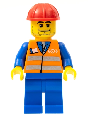 Orange Vest with Safety Stripes - Blue Legs, Beard Stubble, Red Construction Helmet