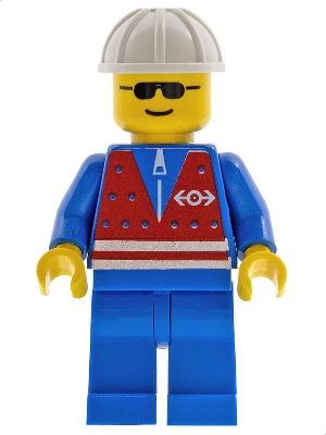 Red Vest and Zipper - Blue Legs, White Construction Helmet, Sunglasses