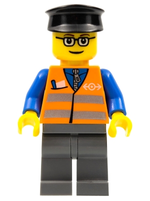 Train Worker, Orange Safety Vest with Train Logo, Dark Bluish Gray Legs, Black Hat, Glasses