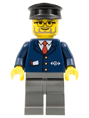 Train Worker, Blue Jacket with Train Logo, Black Hat, Beard and Glasses